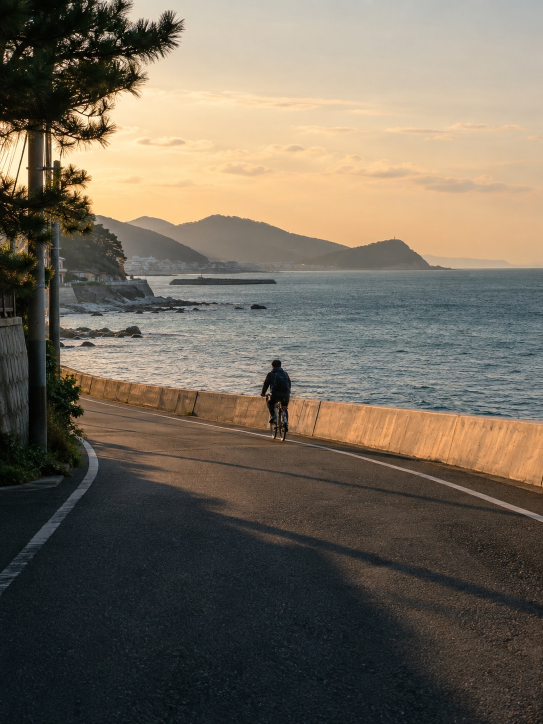 黄昏时分,骑行者沿着海边公路前行
