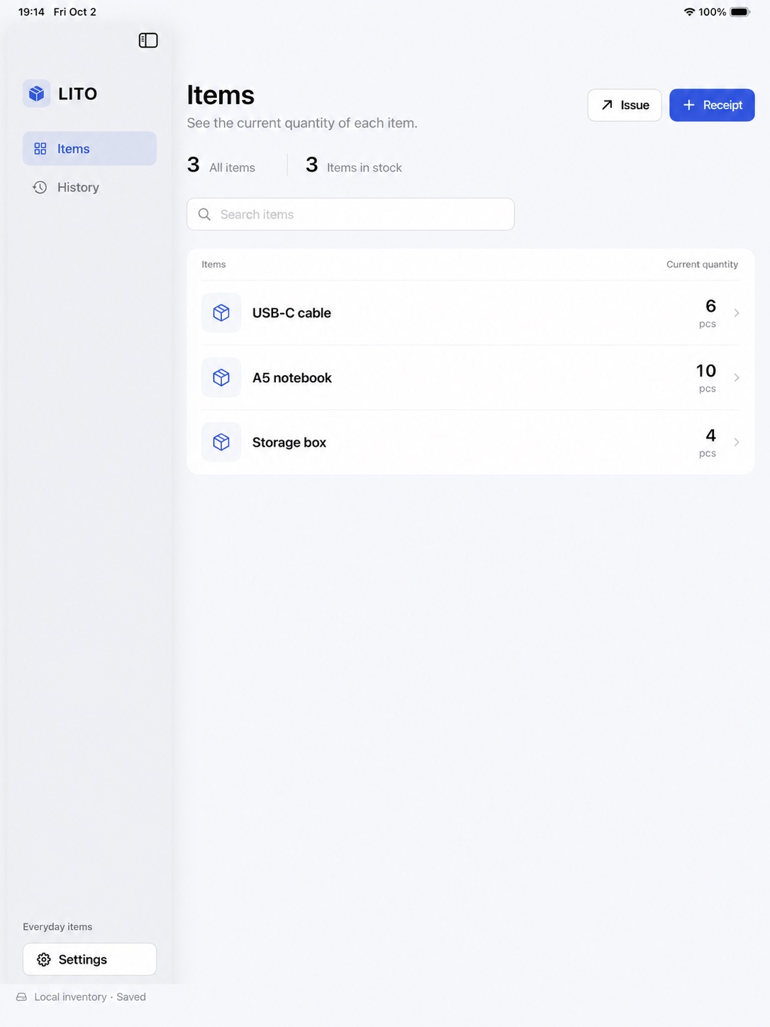 LITO on iPad, showing the item list and receipt and issue buttons.
