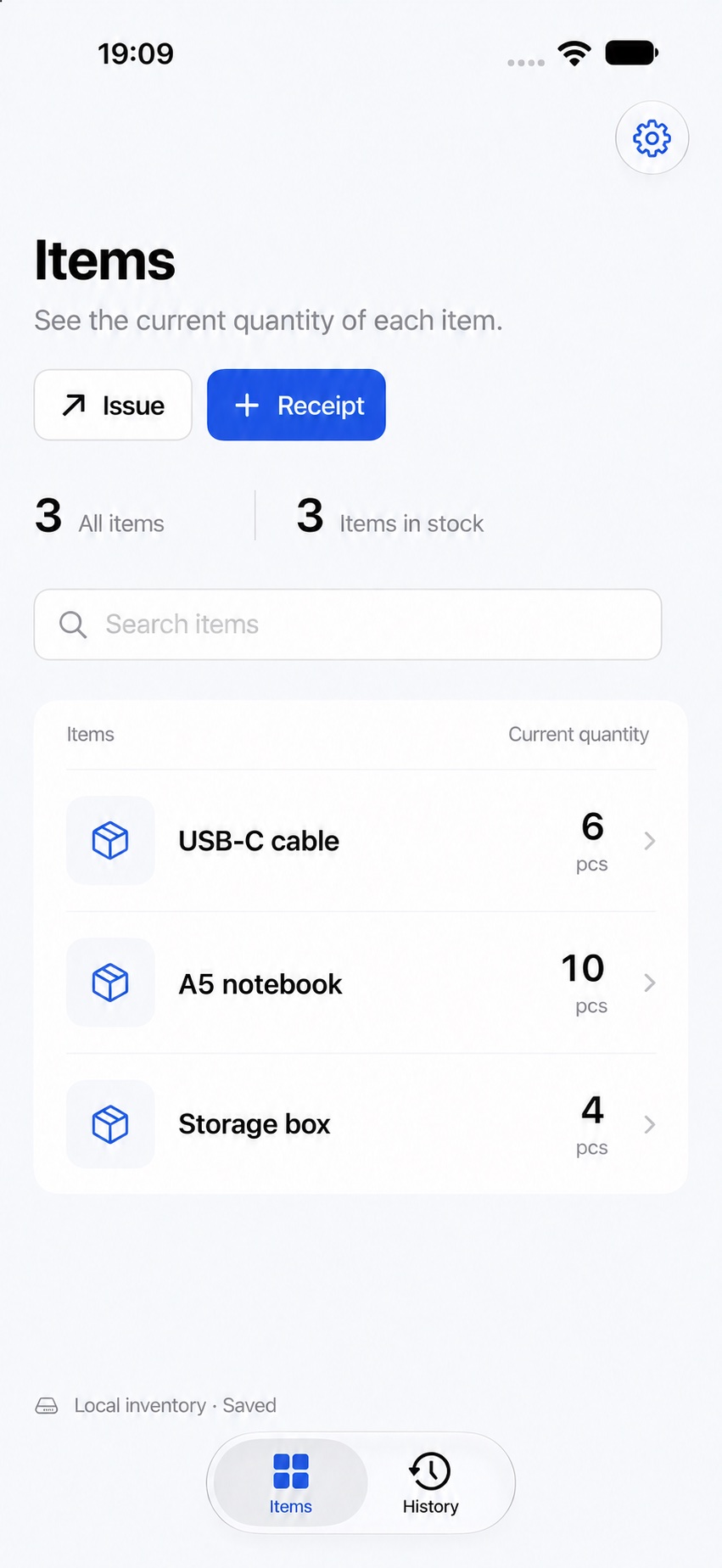iPhone inventory showing 6 USB-C cables, 10 A5 notebooks and 4 storage boxes.