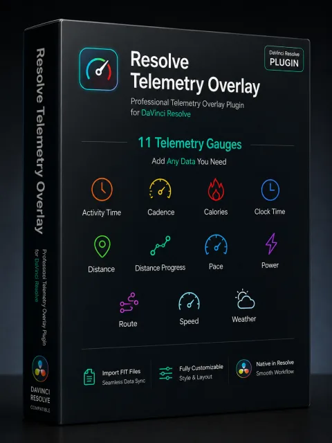 Resolve Telemetry Overlay 插件包装视觉，展示支持的运动遥测仪表